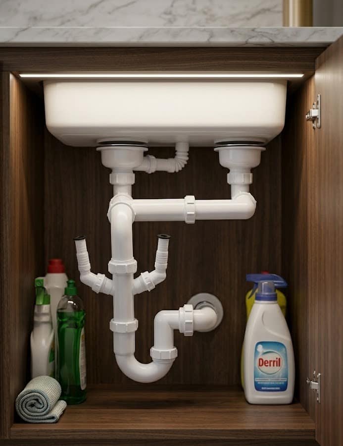 Kitchen sink plumbing and waste connections
